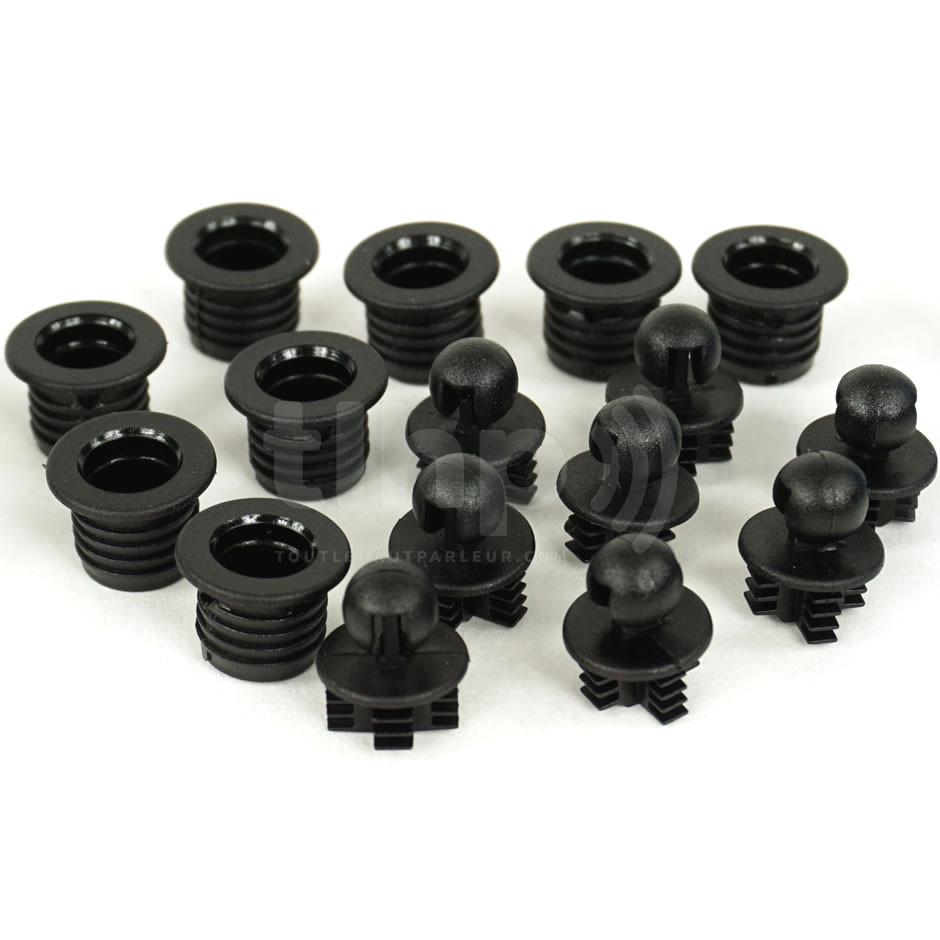 Set of 8 clips (male+female) for speaker front panel, black plastic