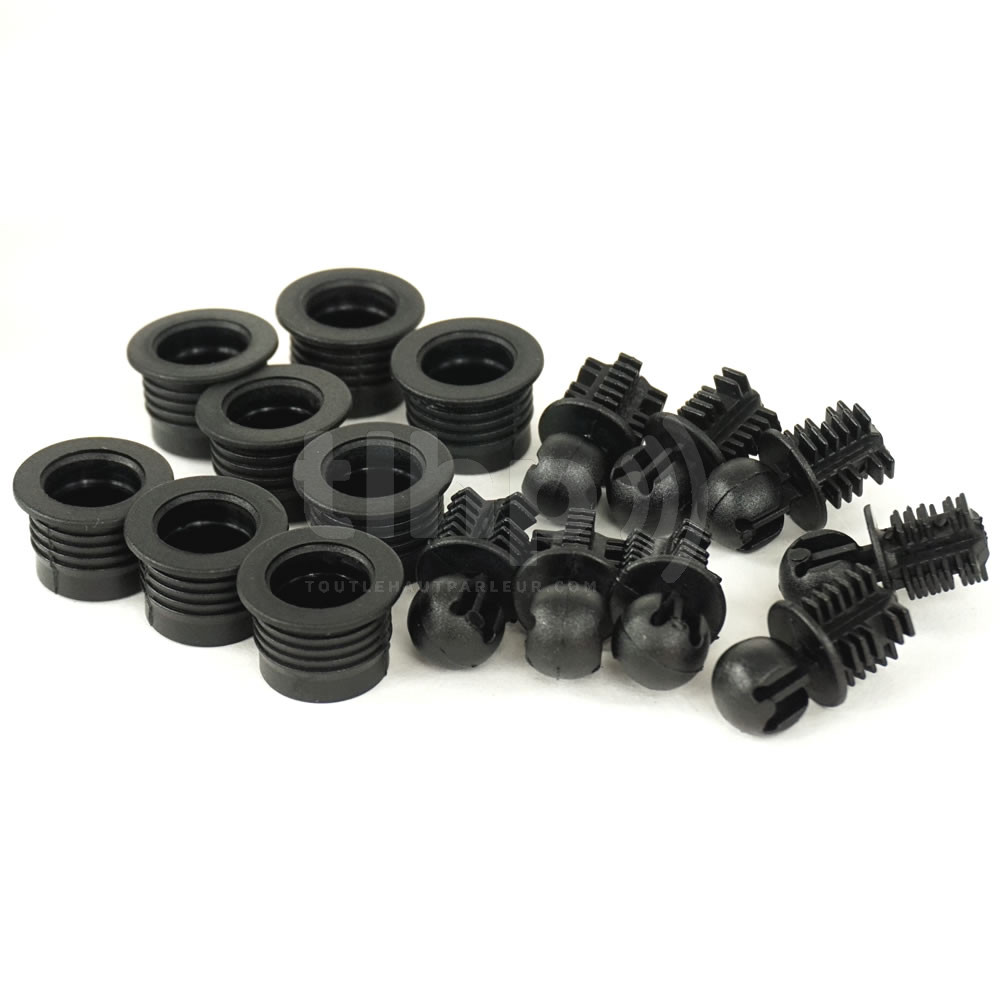 Set of 8 clips (male+female) for speaker front panel, black plastic