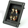 Large rectangular 2-pole (for bi amp or bi wiring) recessed terminal block for high fidelity loudspeaker, gold-plated contacts, for banana plug or clamping on wire, rectangle front 123.3x96.5 mm