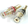 Pair of high fidelity gold-plated loudspeaker terminals for banana or clamping on wire (diameter 5 mm max), red/black markings, diameter 19 mm, length 54.7 mm