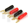 Set of four insulated and marked 4.2 mm steel gold-plated fork lugs (2 red, 2 black), solder, for conductor up to 2.5 mm² (diameter 2 mm), internal fork spacing 4.2 mm, external 7.4 mm