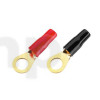 Set of four insulated and marked 8.4 mm gold-plated steel eyelet terminals (2 red, 2 black), to be soldered, for conductors up to 0 mm² (diameter 4 mm), inner diameter of the eyelet 8.4 mm