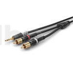 0.9m audio cable, with two male RCA plugs (red/black markers) to one male 3.5 mm mini-Jack stereo plug, Sommercable HBP-3SC2, black, with gold plated contact connectors