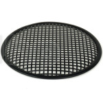 TLHP grille for 12-inch speaker, external diameter 310 mm, thick steel, black finish, square holes 8x8 mm, peripheral rubber flange