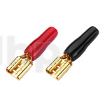 Set of twenty flat female (push-on) 6.3 mm terminals, gold-plated, insulated and marked (10 red, 10 black), to be soldered, for conductors up to 2.5 mm² (diameter 2 mm)