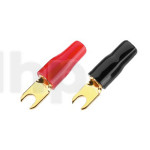 Set of four insulated and marked 4.2 mm steel gold-plated fork lugs (2 red, 2 black), solder, for conductor up to 16 mm² (diameter 5.5 mm), internal fork spacing 4.2 mm