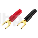 Set of four insulated and marked 4.2 mm steel gold-plated fork lugs (2 red, 2 black), solder, for conductor up to 2.5 mm² (diameter 2 mm), internal fork spacing 4.2 mm