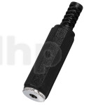 Stereo black plastic female 3.5 mm mini-Jack plug , shielding and cable bending protection, for 5 mm diameter cable