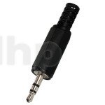 Stereo black plastic male 3.5 mm mini-Jack plug , shielding and cable bending protection, for 5 mm diameter cable