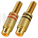 Gold-plated RCA female plug, black ring, with cable protection system, for cable diameter 5.9 mm