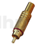 Gold-plated RCA male plug, red ring, with cable protection system, for cable diameter 7 mm