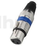 XLR female metal plug, 3 poles, blue ring, nickel contacts, cable entry diameter 7 mm