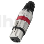 XLR female metal plug, 3 poles, red ring, nickel contacts, cable entry diameter 7 mm