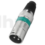 XLR male metal plug, 3 poles, green ring, nickel contacts, cable entry diameter 7 mm
