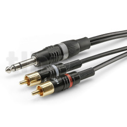 0.9m instrument cable, with two male RCA plugs (red/black markers) to one male 6.35 mm mini-Jack stereo plug, Sommercable HBP-6SC2, black, with gold plated contact connectors