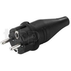 Black rubber "Schuko" male power supply plug, Monacor AAC-140P, IP44, phase+neutral+earth, max 250VAC/16A