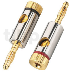 Pair of 4.5 mm nickel plated banana plugs, gold plated contacts, Monacor BP-150, cable up to 6.5 mm