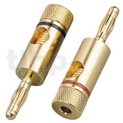 Pair of 4 mm gold plated banana plugs, gold plated contacts, Monacor BP-150G, cable up to 7 mm