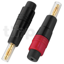 Pair of 4 mm insulated plastic banana plugs, gold plated contacts, Monacor BP-180GI, cable up to 5 mm