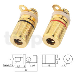Pair of gold plated speaker terminal, screw terminals or banana plugs, 12 x 27 mm, Monacor BP-250G