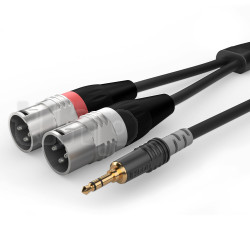 1.5m audio Y instrument cable, with two 3 pins male XLR plugs to one male 3.5 mm mini-Jack stereo plug , Sommercable HBA-3SM2, black, with Hicon gold plated contact connectors
