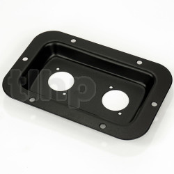 Black steel mounting plate for two D-type sockets (Neutrik NL4MPXX for example), front 136 x 89 mm, total depth 12 mm