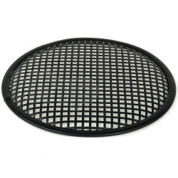 TLHP grille for 12-inch speaker, external diameter 310 mm, thick steel, black finish, square holes 8x8 mm, peripheral rubber flange