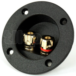 Small round 2-pole recessed terminal block for high fidelity loudspeaker, gold-plated contacts, for banana plug or clamping on wire, cylindrical front 75 mm