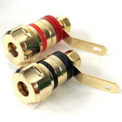 Pair of high fidelity gold-plated loudspeaker terminals for banana or clamping on wire (diameter 5 mm max), red/black markings, diameter 15 mm