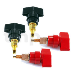 Set of four M8 insulated terminals (2 red + 2 black), EVO pure copper, connections: external 6 or 8 mm spade lug or banana plug, interior 8 mm spade lug, solder or banana plug