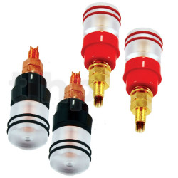 Set of four M8 insulated terminals (2 red + 2 black), CLASSIC gold-plated pure copper, connections: external 6 or 8 mm spade lug or banana plug, interior 8 mm spade lug, solder or banana plug
