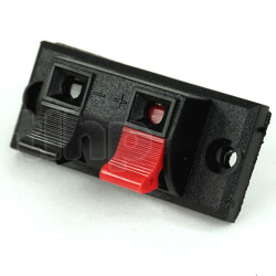 2-pole clamp terminal block, surface mounting, black plastic, red/black markers, 54x24 mm rectangular front, fixing by screws on two points (diameter 4 mm)