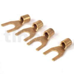 Set of four Mundorf fork cable lugs for crimping or soldering, M6, gold-plated copper-Beryllium, for wires from 4 to 6 mm², fork inner width 7 mm, outer 11 mm