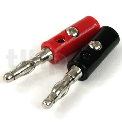 Pair of red/black banana plugs, length 44 mm, plastic insulated sheath, steel connection to be screwed/soldered for wire up to 3 mm diameter, side hole diameter 4.5 mm for banana