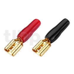 Set of twenty flat female (push-on) 6.3 mm terminals, gold-plated, insulated and marked (10 red, 10 black), to be soldered, for conductors up to 2.5 mm² (diameter 2 mm)