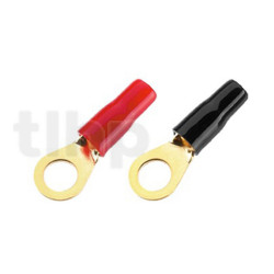 Set of four insulated and marked 8.4 mm gold-plated steel eyelet terminals (2 red, 2 black), to be soldered, for conductors up to 0 mm² (diameter 4 mm), inner diameter of the eyelet 8.4 mm