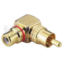 High-end right-angled RCA female to RCA male adapter, gold-plated metal body, with red ring