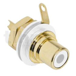 RCA 2-pole female chassis connector, REAN NYS367-9, white, black shell, gold plated contacts