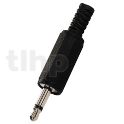 Mono black plastic male 3.5 mm mini-Jack plug , shielding and cable bending protection, for 5 mm diameter cable