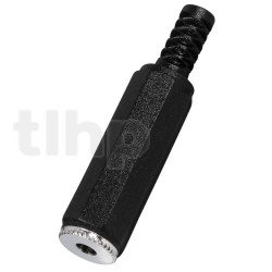 Stereo black plastic female 3.5 mm mini-Jack plug , shielding and cable bending protection, for 5 mm diameter cable