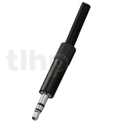 Stereo metal male 3.5 mm mini-Jack plug, black anodised, shielding and cable bending protection, for 3.6 mm diameter cable