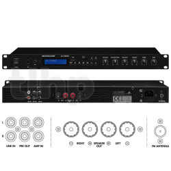 1U stereo amplifier for 19 inch rack, 2 x 70w / 4ohm, with remote control, MP3 player, Bluetooth receiver, FM receiver, USB interface and SD / MMC card support, 482x245x44 mm