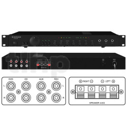 Universal 1U stereo mixer amplifier for 19 inch rack, 2 x 25w/4ohm, with karaoke function, vocal partner and recording output, 432x275x45 mm