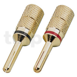 Pair of high-end metal banana plugs, 4 mm, gold-plated, solder (max 4 mm²), red / black markings