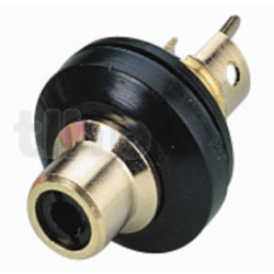 High quality insulated female RCA chassis socket, black marking, gold plated, diameter 19 mm