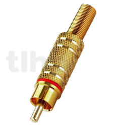 Gold-plated RCA male plug, red ring, with cable protection system, for cable diameter 5.9 mm