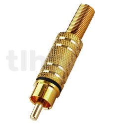 Gold-plated RCA male plug, black ring, with cable protection system, for cable diameter 5.9 mm