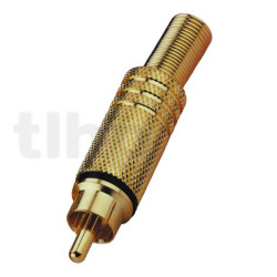 Gold-plated RCA male plug, black ring, with cable protection system, for cable diameter 7 mm