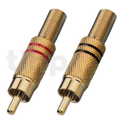 Pair of gold-plated RCA male plug, black/ redg, with cable protection system, for cable diameter 7 mm