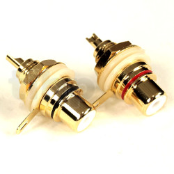 Pair of female RCA chassis socket, 1 piece with red mark, 1 piece with black mark, gold plated, 8 mm diameter